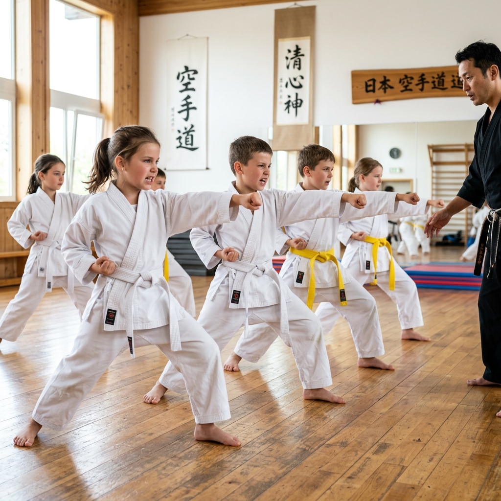 Kids learning karate techniques in Evans GA martial arts class